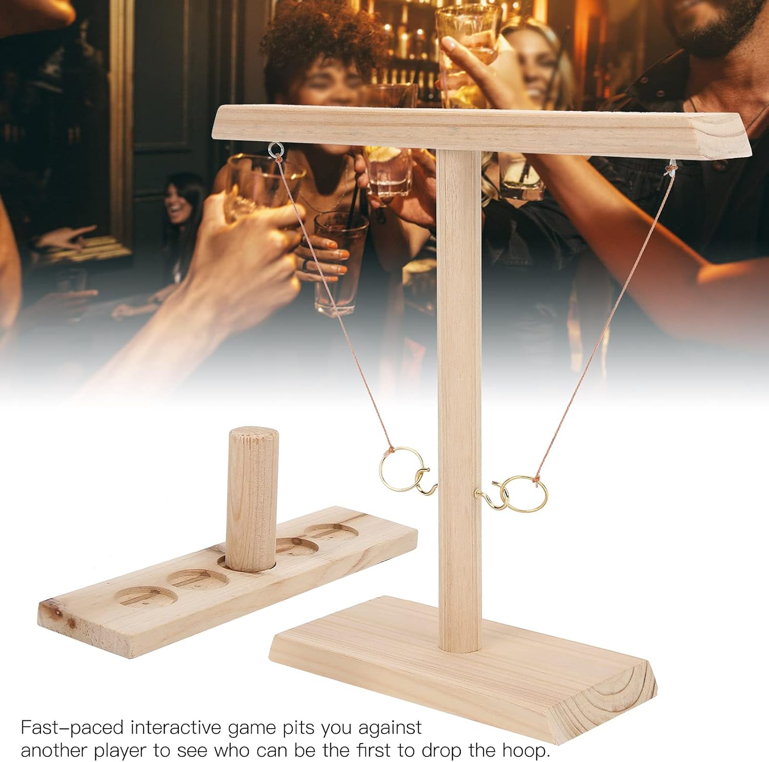 Wooden two – player hook ring toss game on a tabletop
