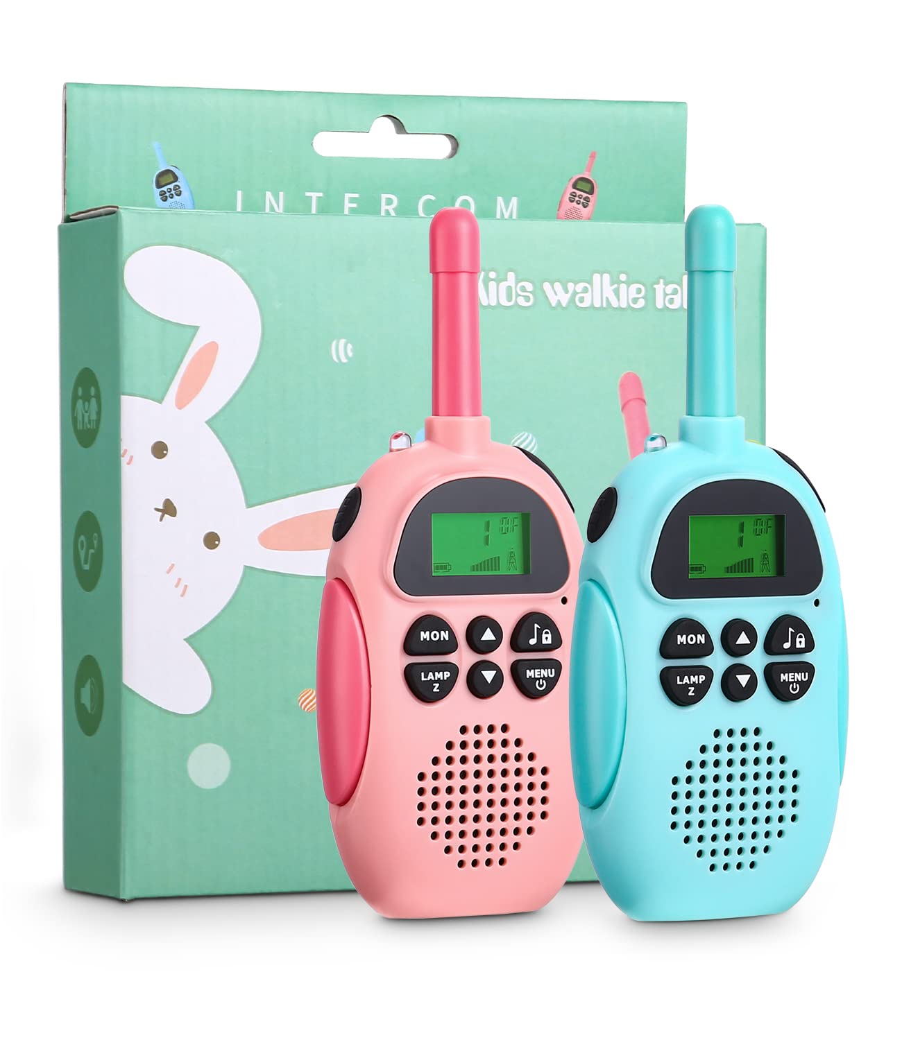 Two colourful rechargeable kids walkie – talkies with retail box