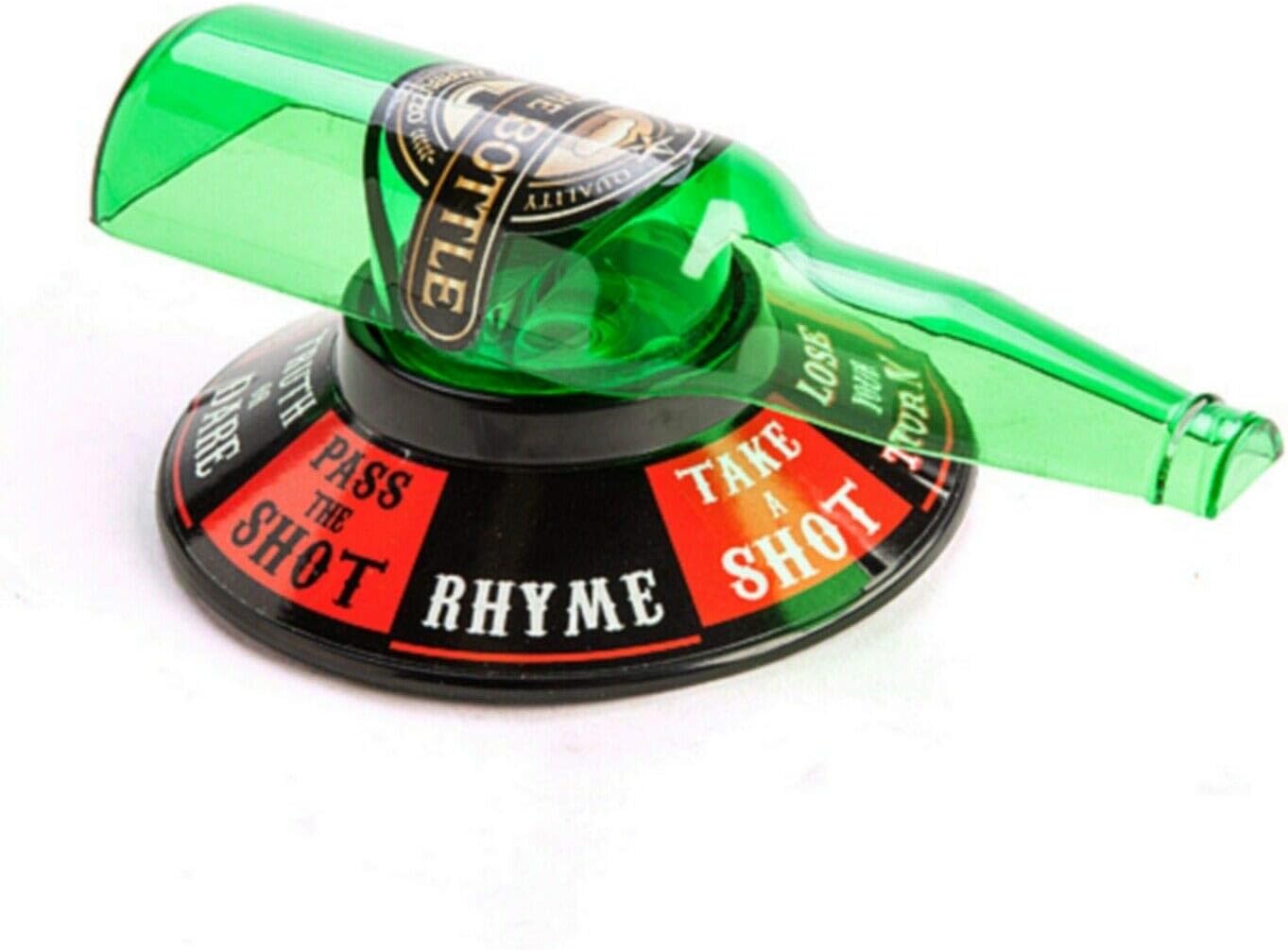 Green bottle resting on a black and red Spin the Bottle game base