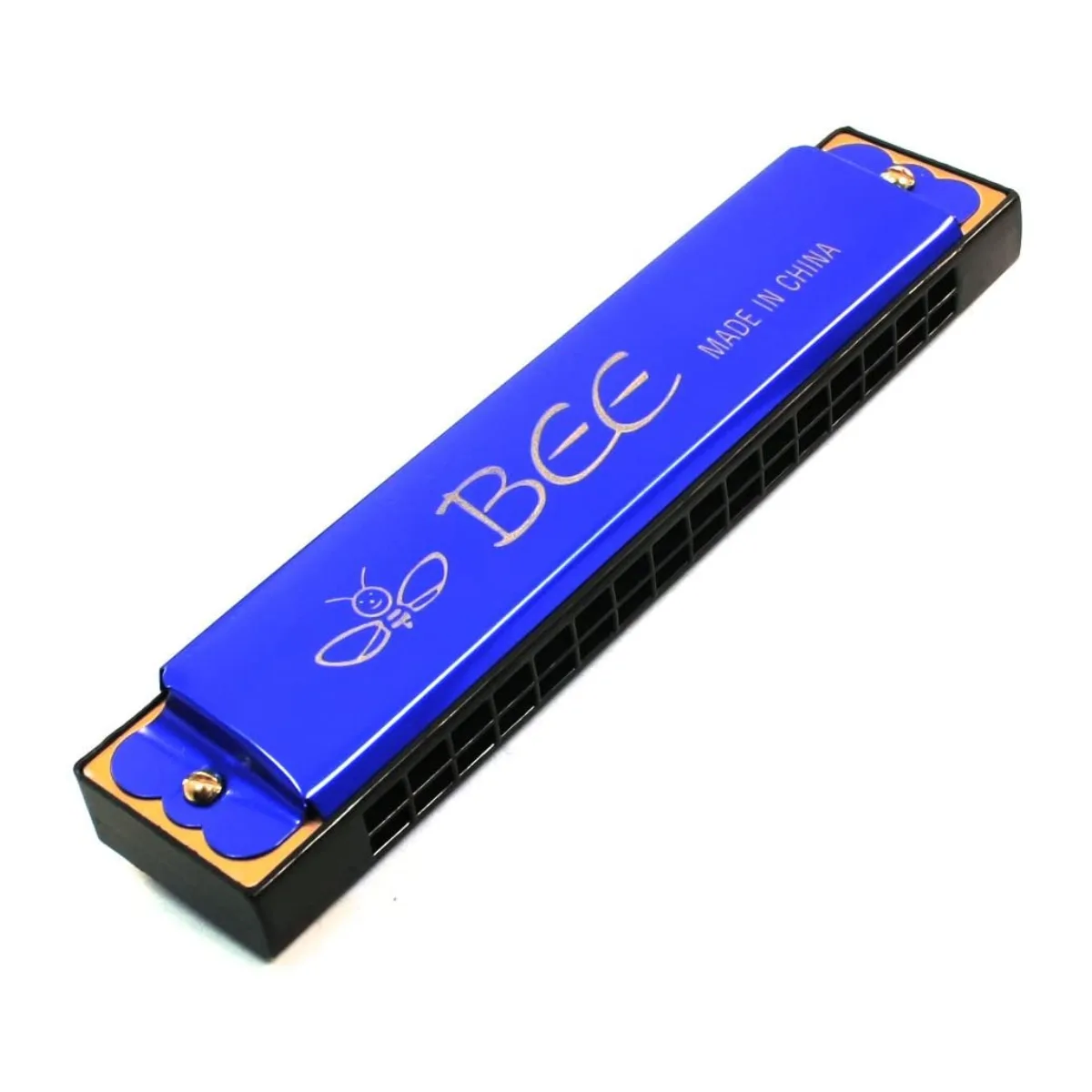 32 Hole Bee Harmonica in Blue, Black, Gold & Red