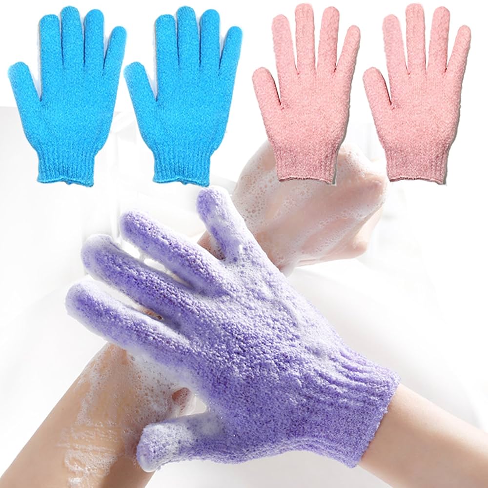 Two textured body scrubber gloves in blue and pink