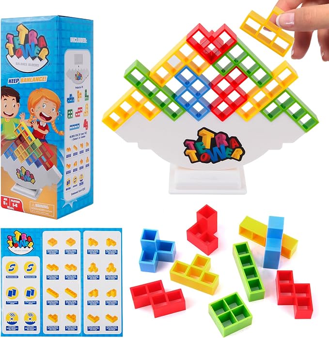 Stacking game with colourful blocks arranged on a balancing base