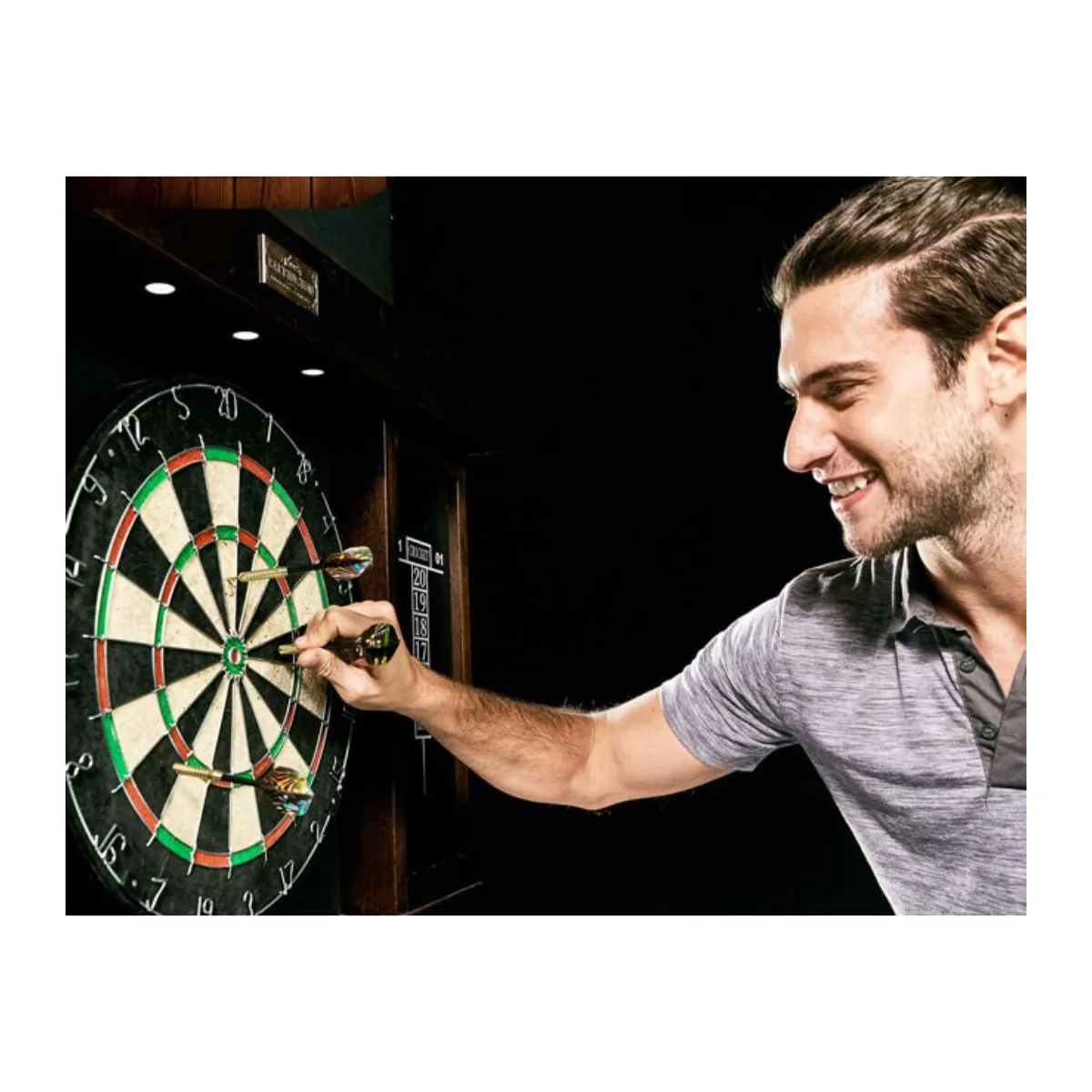 Indoor dartboard with numbered target sections and red and green darts