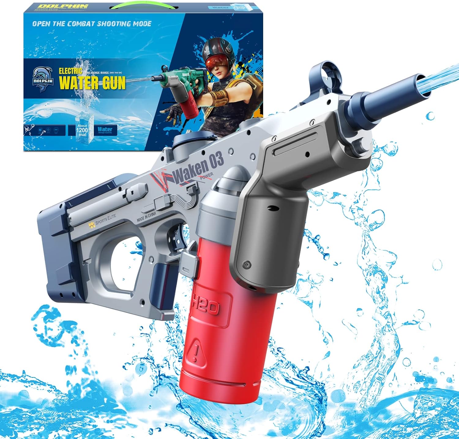Dolphin electric water gun shown with its retail box
